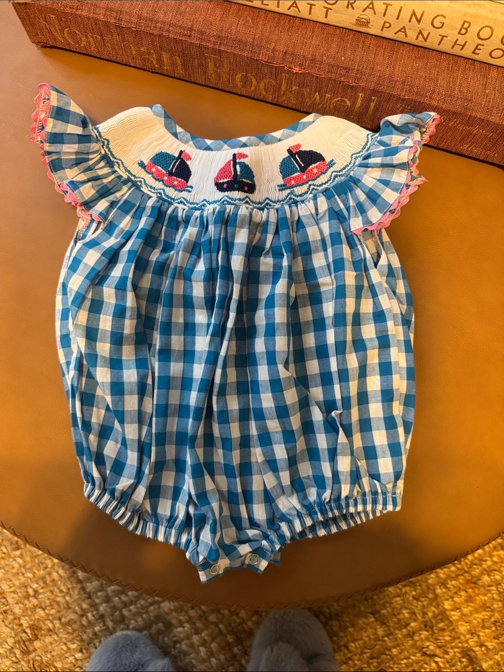 Blue Gingham Sailboat Smocked Baby Bubble Romper